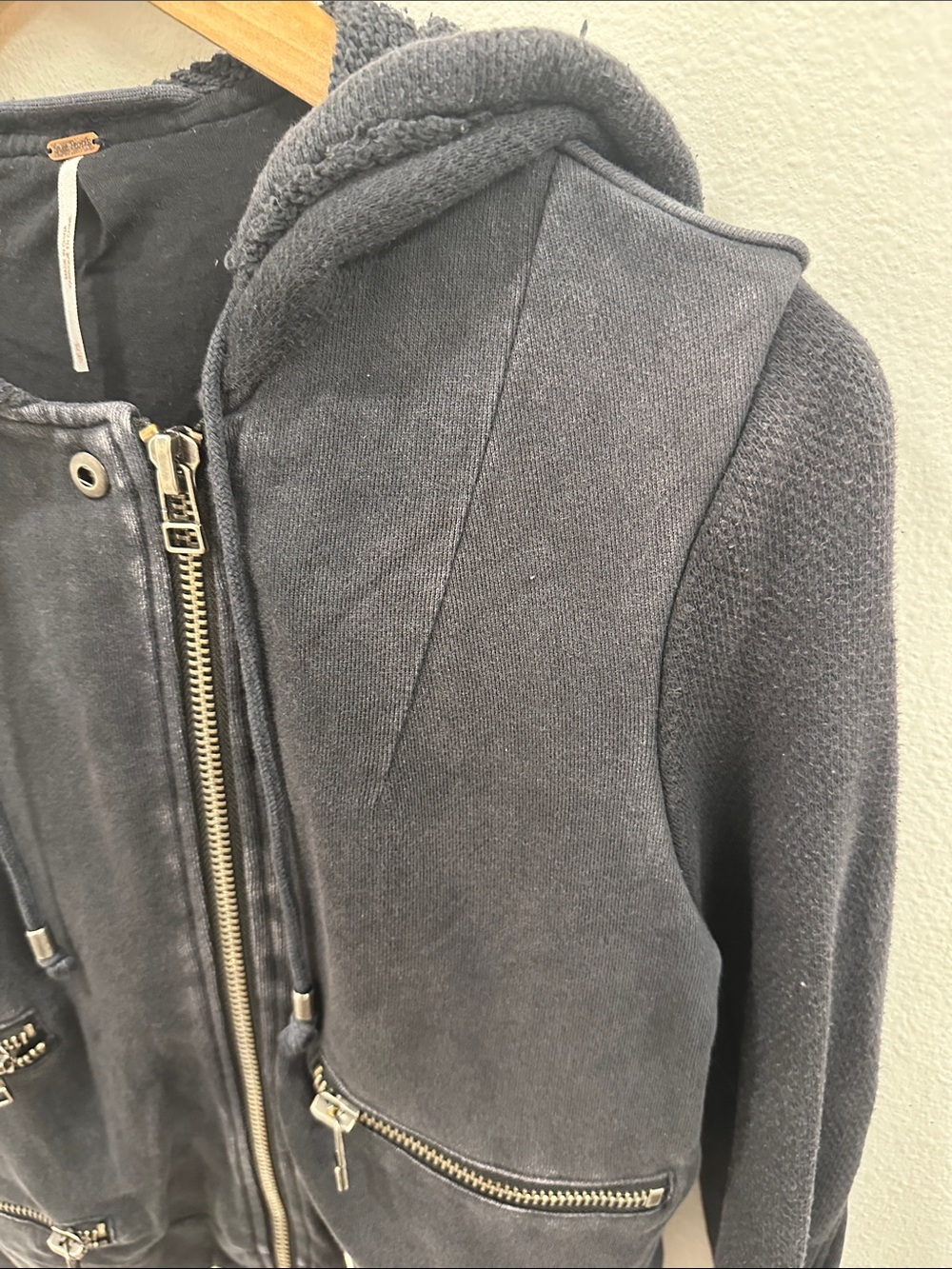 Free People Grungy Black Hooded Moto Jacket with Zip Pockets - XS - Picture 5 of 10